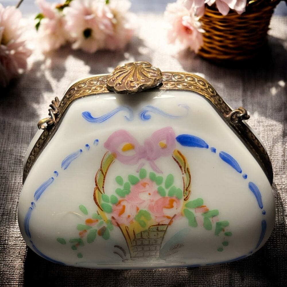 Authentic Limoges Purse Shaped Floral Basket Trinket Box, Ring Box, Pillbox